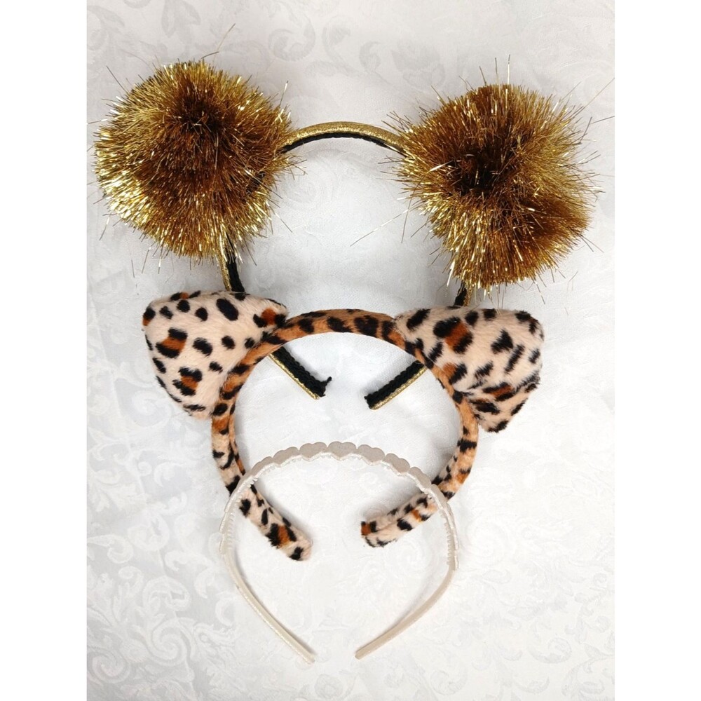 Girls Headband Lot of 3: Gold LOL Surprise, Animal Print Cat Ears, Hearts